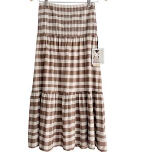 New NATION LTD Smocked Gingham Midi Skirt Pima Cotton Cottagecore Nyla Brown S